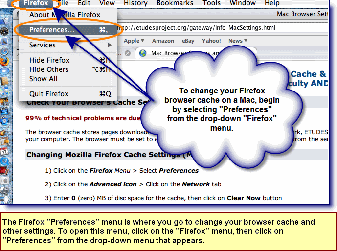 Screenshot illustrating how to access the Firefox "Preferences" menu on a Mac, where you can change your browser cache and other settings.