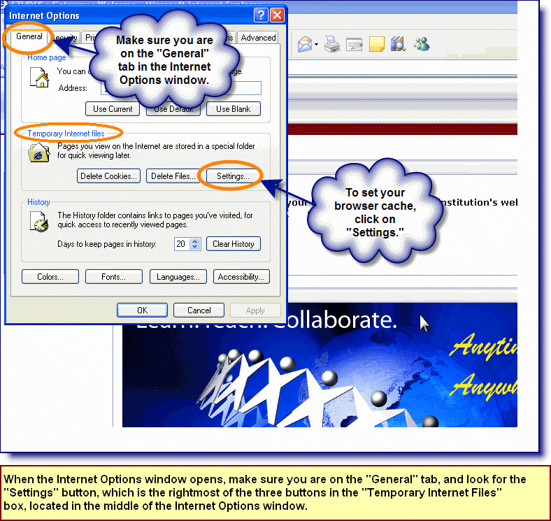 Screenshot showing how to access the Settings menu where you can set your browser cache on a PC with Internet Explorer.