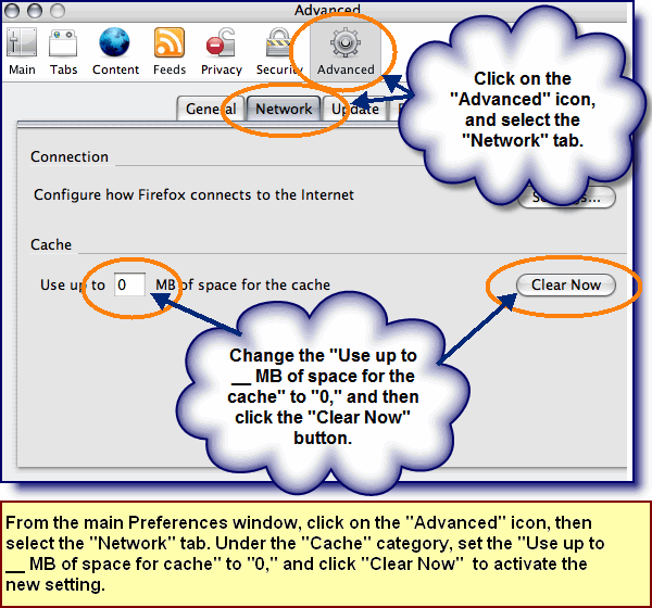 Screenshot illustrrating how to set the Firefox browser cache to work with ABECELEE on a Mac.